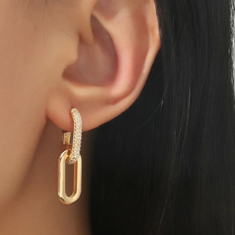 Elegant Micro-inlaid Zircon U-Shaped Hoop Earrings for Women Exquisite Double Buckle Link Earring Temperament Jewelry