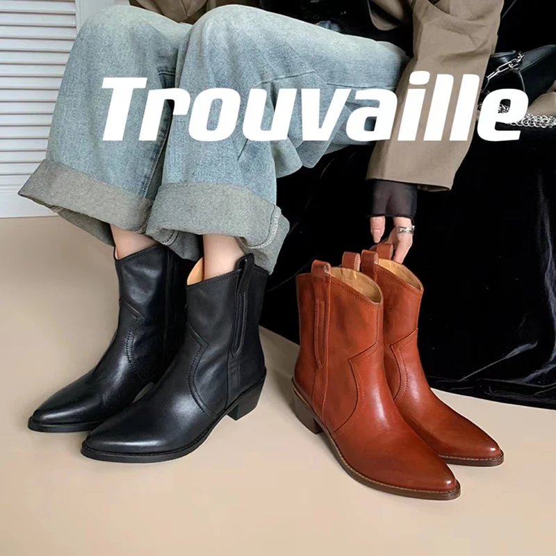 

2023 Autumn Women Boots Genuine Leather Ankle Boots Modern Boots Pointed Toe Leather Shoes Western Boots Chelsea Boots Retro