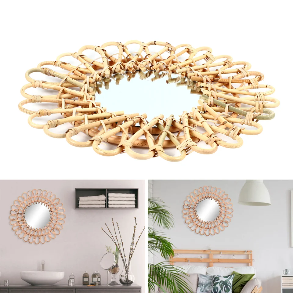 Handmade Rattan Round Wall Mirror for Rustic Decor