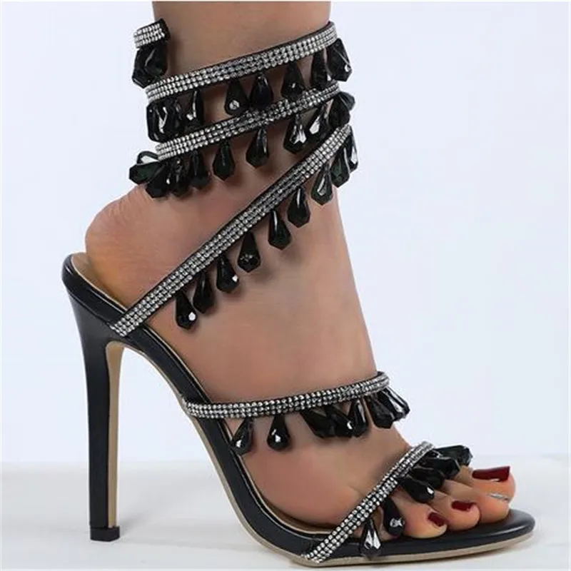 

2023 New Women's Sandals Luxury Rhinestone Wraparound Ankle Women's Stiletto Heels Wedding Shoes Banquet Shoes