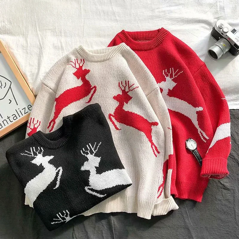 

Fashion Christmas Couple Jumper Korean Slim Round Neck Knitted Jumper Red Elk Pattern Pullover Long-sleeved Warm Sweater