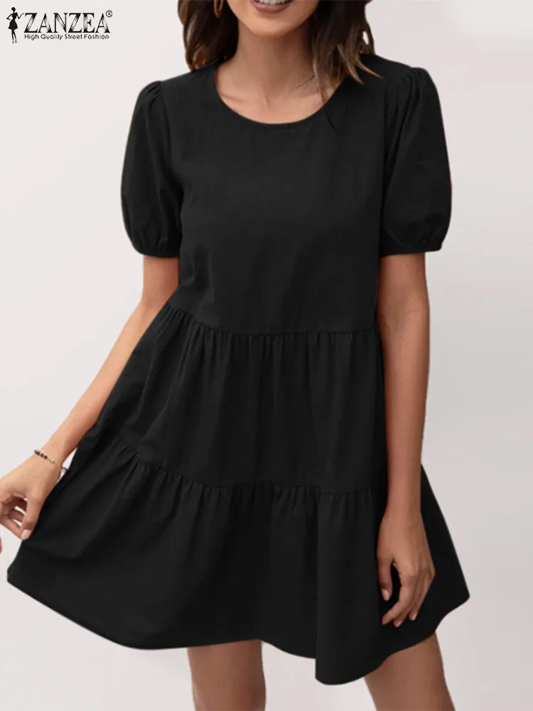 

ZANZEA Fashion Pure Cotton Dress Summer Puff Sleeve Knee Length Robe Female Casual Solid Vestidos Woman O-Neck Beach Sundress
