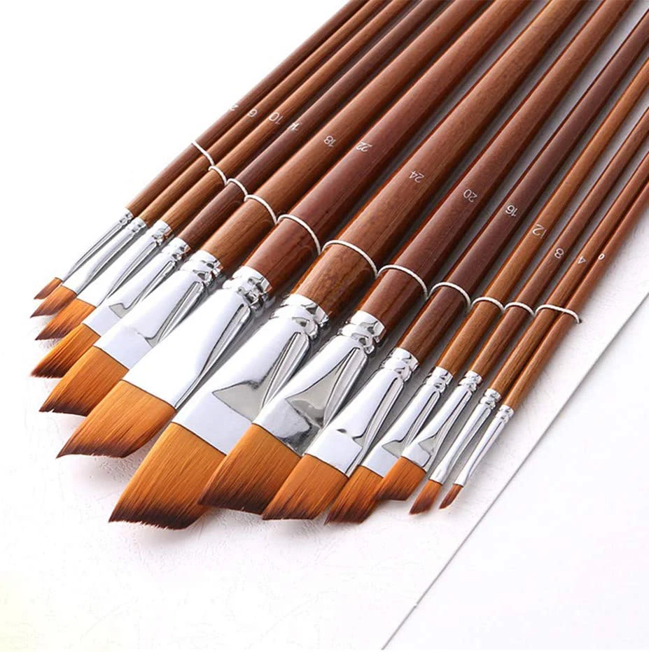 13pcs Angular Artist Paint Brushes Set Nylon Hair Long Wood Handle Paintbrush for Oil Acrylic Watercolor Gouache Art Supplies
