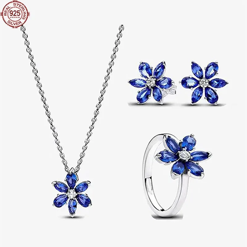 

Classic Blue Snowflake Series Shining Gem Women's Ring Necklace Bracelet Fit Original Design Exquisite Jewelry Set