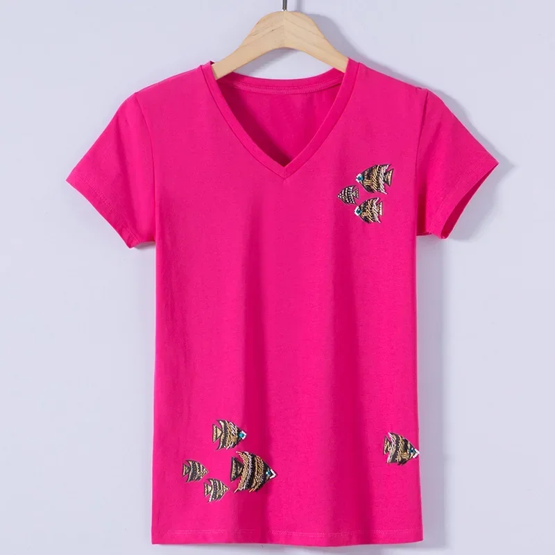 

Fashion Slim handmade beaded V-neck cartoon fish combed cotton assorted ladies blouse gray22