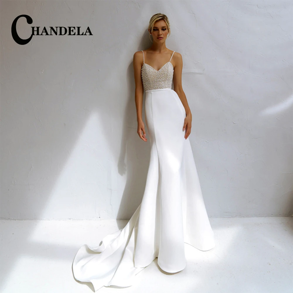 

CHANDELA Delicate Sweetheart Spaghetti Strap Trumpet Wedding Dresses Beading Satin Backless Customised Vestido De Noiva 2023