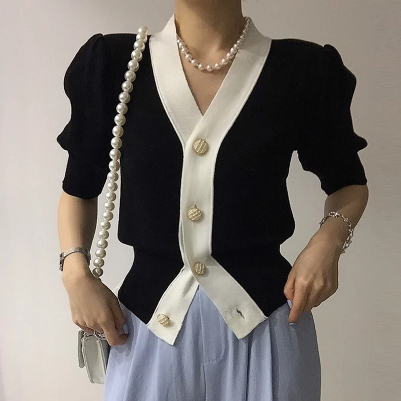 

Новинка летняя блузка с пышными короткими рукавами модная женская трикотажная одежда из вискозы корейский вязаный кардиган с V-образным вырезом элегантный топ одежда 28449