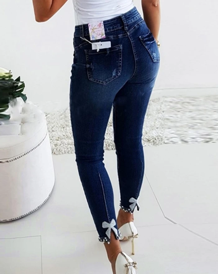 Women's Summer Pants Pocket Slim Fit Gradient High Waist Zipper Fashion Beaded Opening Bow Decoration Jeans
