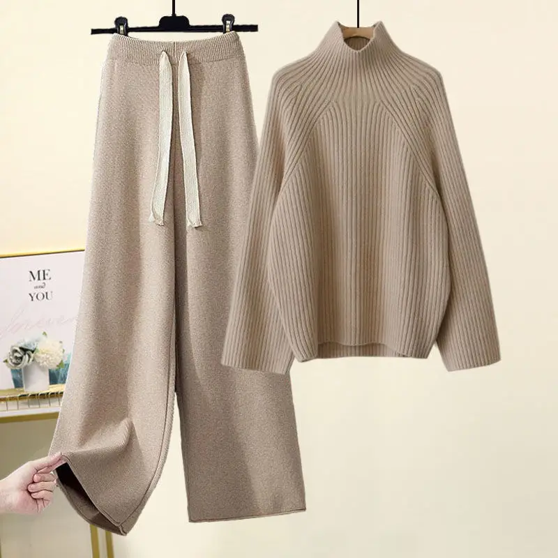 

Autumn Winter 2 Pieces Set Women Warm Loose Knitted Suit Long Sleeve Turtleneck Sweater Wide Leg Pants Sets Matching Suit Outfit