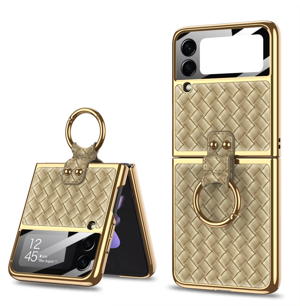 Fashion Weave PU Leather Luxury Plating Phone Case for Samsung Galaxy Z Flip 3 5G Flip3 Protective Back Cover with Ring Bracket samsung galaxy z flip 3 5g case