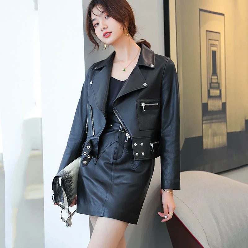 

Motorcycle Quality Genuine Jacket Sheepskin High Waisted Mini Skirt For Women Spring Sexy Leather Suit Office Lady