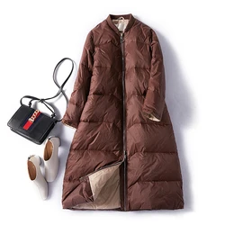 Winter Women Fashion Korean Style Baseball Long Down jacket Female White Duck Down Coat Puffer Jackets Loose parka