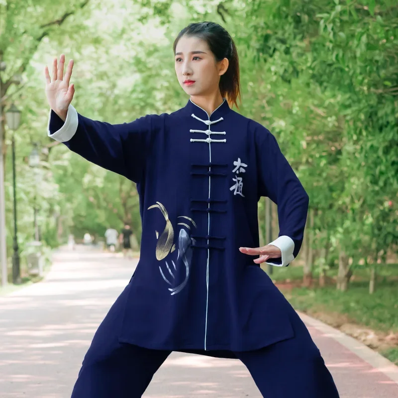 

Kun Master Martial Art Uniform Tai Chi Clothes Kung Fu Dress Wushu Clothing Hand Painted Women And Men Unisex Navy Blue 2023 New