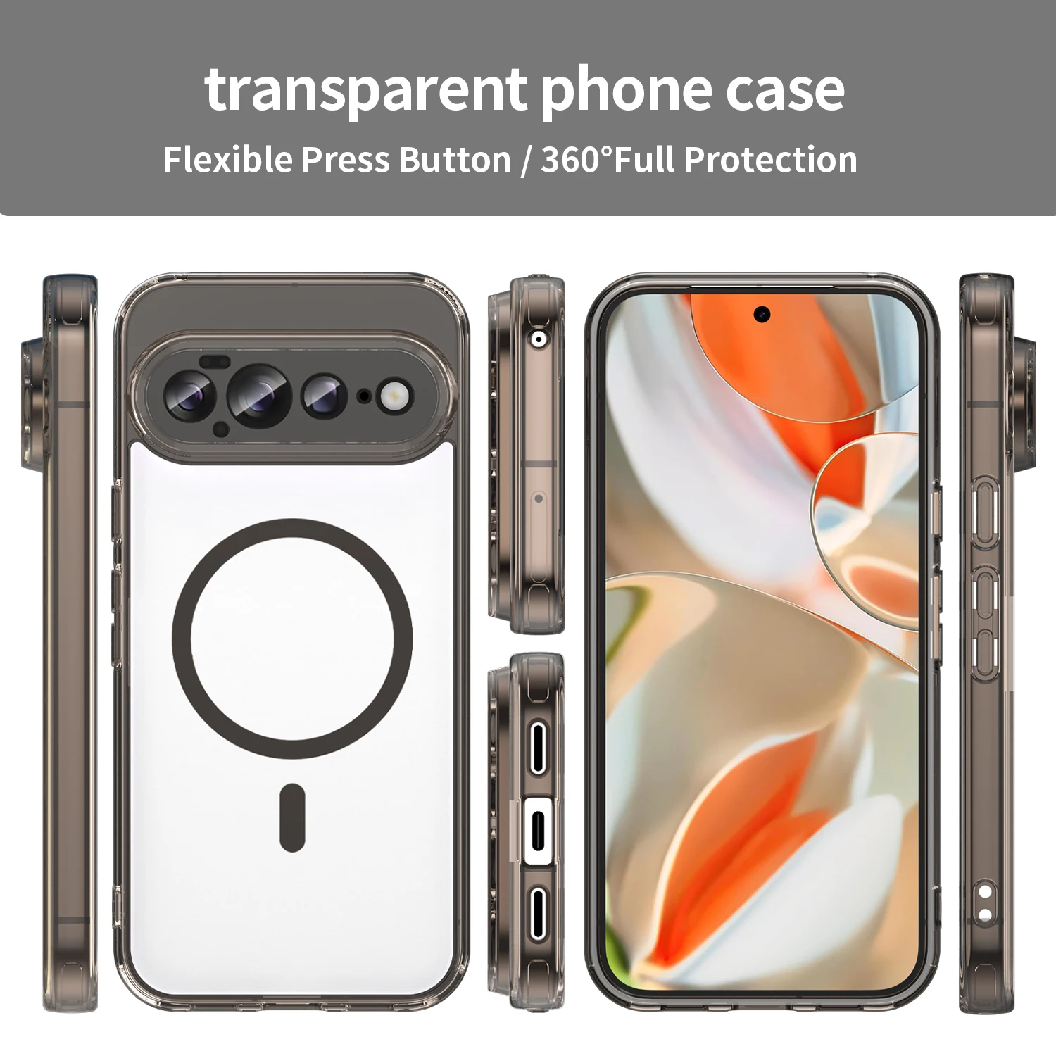 Magnetic Transparent Shockproof Phone Case with Soft TPU Frame & Acrylic Protective Cover