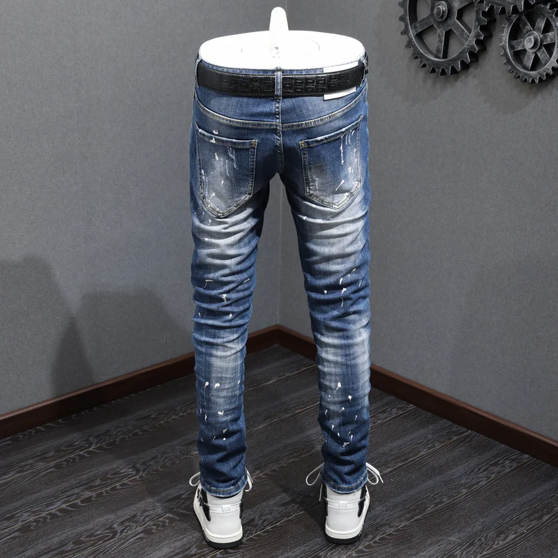Fashion Designer Men Jeans Retro Blue Elastic Slim Stretch Ripped Jeans Men Painted Trousers Street Vintage Denim Pants Hombre