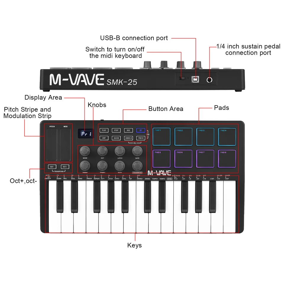 M-vave SMK-25 ミニ 25 キー ワイヤレス / USB MIDI キーボード