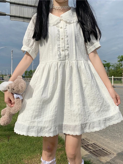 Summer Cute Soft Girls High Waist Short Sleeve Dress Korean Fashion Kawaii  Floral Lace Navy Collar Princess Dress Female Clothes - Dresses - AliExpress