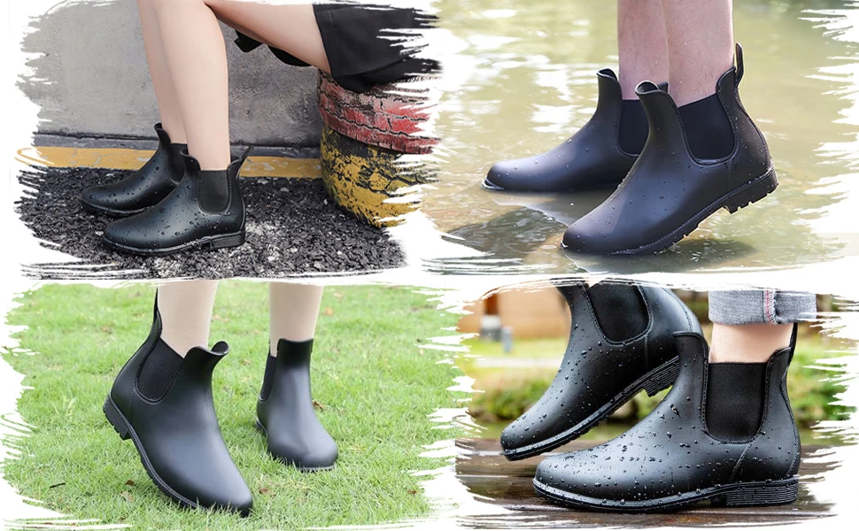Litfun Women Chelsea Rain Boots Shiny Ankle Boots Waterproof Upper Toe Elastic Band Low Sole Fashion Non-slip Comfortable Boots