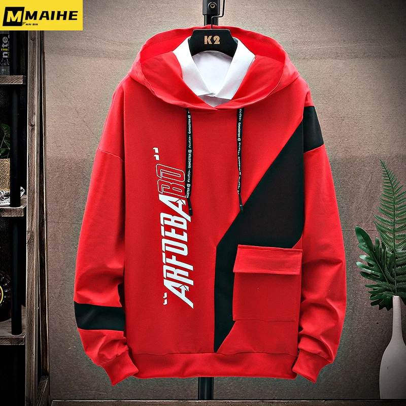 K-Pop fashion hoodie men's patchwork sleeve letter print design y2K street hip-hop ropa hombre trend neutral sweatshirt new fall