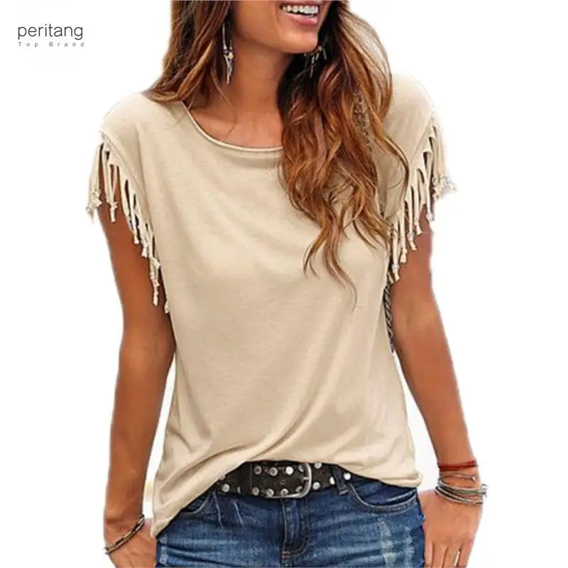 

Women Cotton Tassel Casual T-shirt Sleeveless Solid Color Tees Short Sleeve O-neck Women's Clothing T Shirt Hot Sales In y2k
