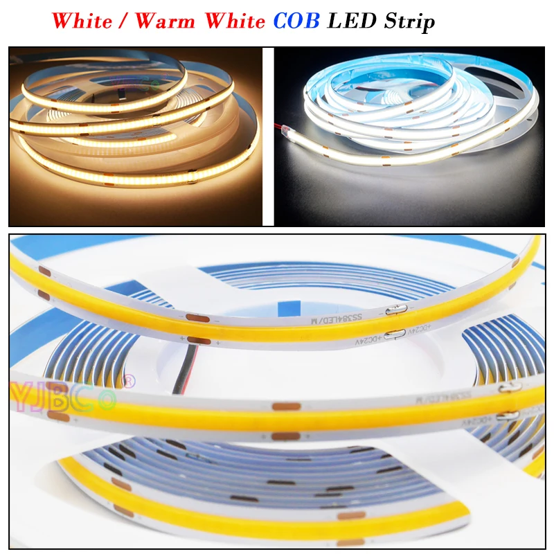 12V 24V DC 5m COB LED Strip 8mm High Density Flexible FOB Lights Tape 384LEDs/m 528 LEDs/m White/Warm White Linear LED Bar IP33