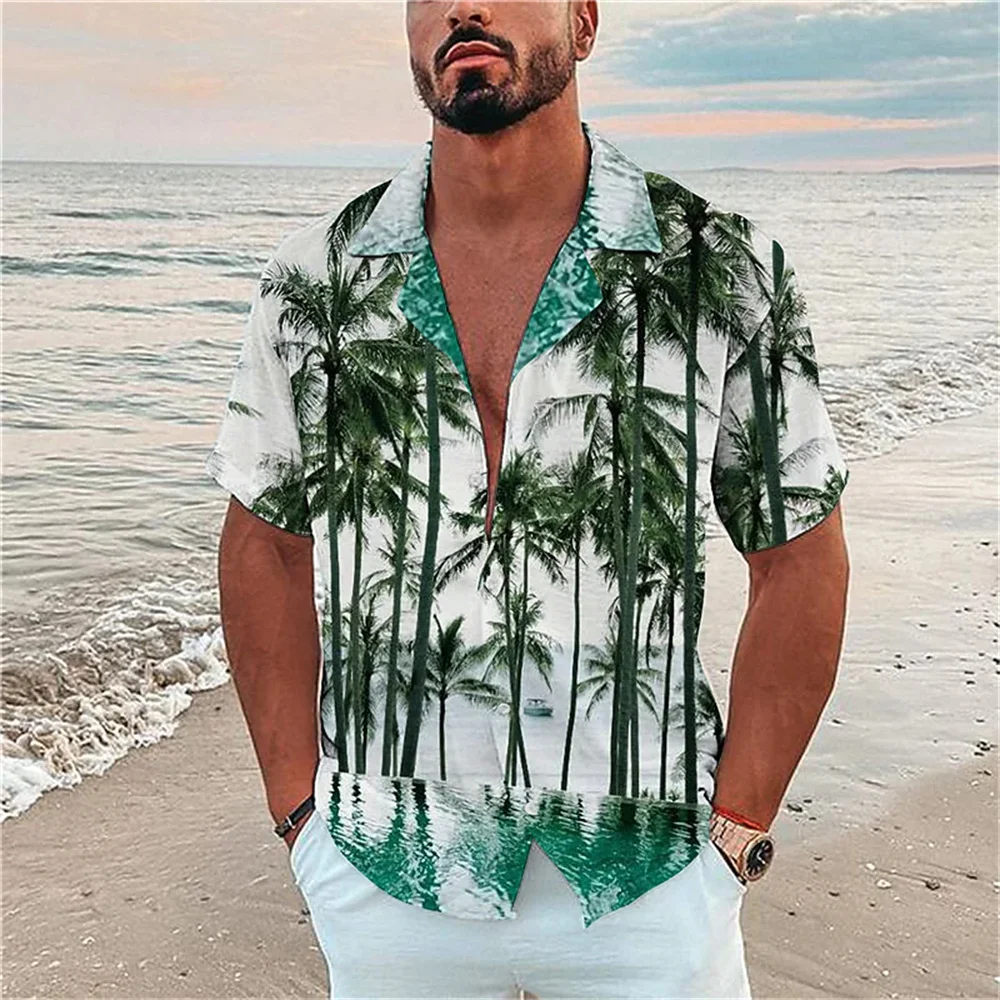 2022 Hawaiian Shirt Man Cuban Collar Coconut Tree Print Shirts Fashion Short Sleeve Male Clothes Retro Street Men's Shirt Beach