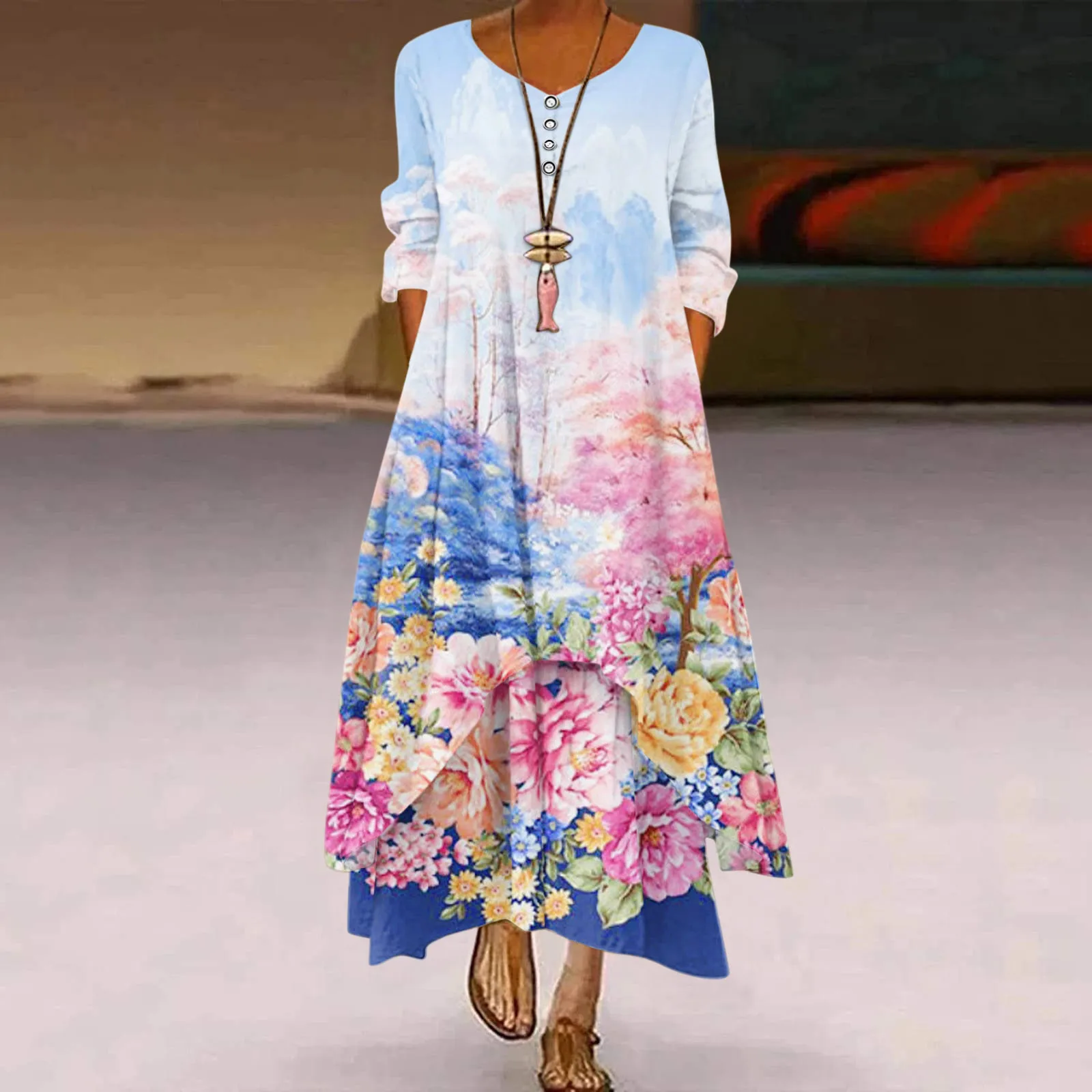 

Women'S Bohemian Dress Plus Size Floral Print Summer Beach Loose Long Maxi Dress Patchwork Club Evening Party Dress Boho