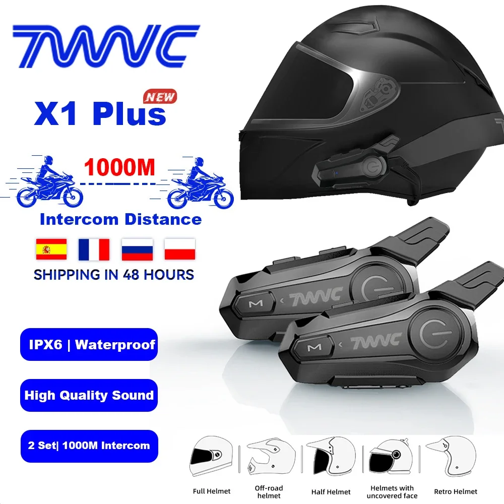 

Motorcycle Helmet Intercom Bluetooth Headset for 2 Riders 1000m Intercom Waterproof Noise Reduction Wireless Bluetooth Intercom