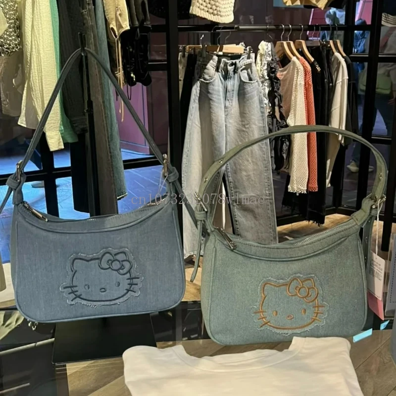 New Kawaii Hello Kitty Underarm Bags Women Y2K Commuting Portable Bag Fashion Denim Embroidery Shoulder Bag Handbag for Girl