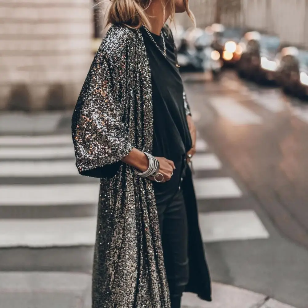 

Кардиган средней длины со сверкающими блестками, женский кардиган со сверкающими блестками, пальто для вечеринок, повседневная одежда средней длины