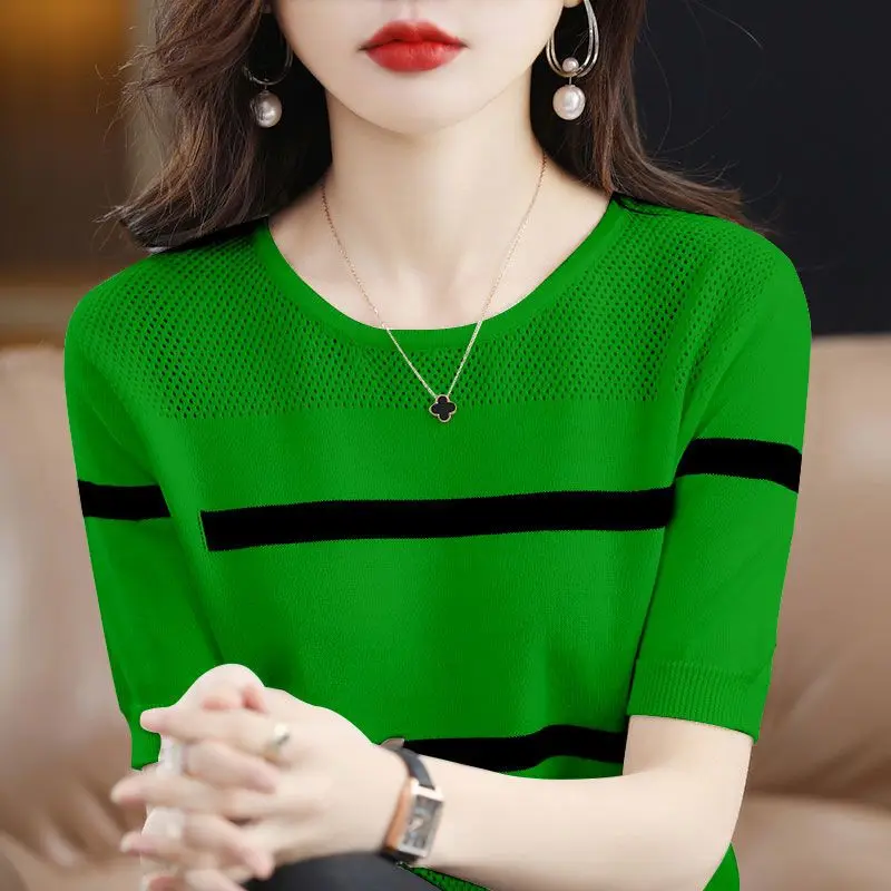 

Korean Fashion Ladies Short-sleeved Round Neck Knit Sweater, Summer New Hollow Striped Cool T-shirt, Thin Short-sleeved Sweater