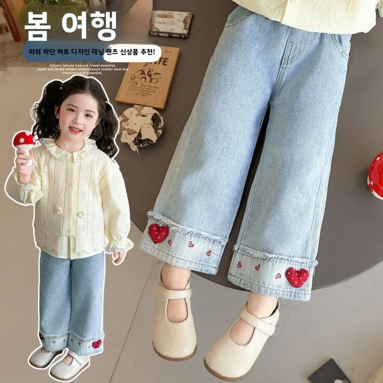 트렌디한 여아 청바지 2026 봄 패션 캐주얼 하이웨이스트 롱 팬츠 아동 스트레이트 레그 아우터웨어 봄 여름 키즈 의류