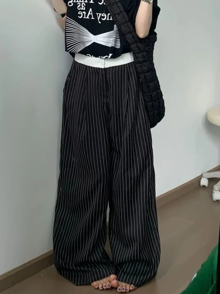 ADAgirl Black Stripe Tailored Trousers Women Y2k Korean Style Fashion Baggy Wide Leg Suit Pants Summer Harajuku Office Slacks