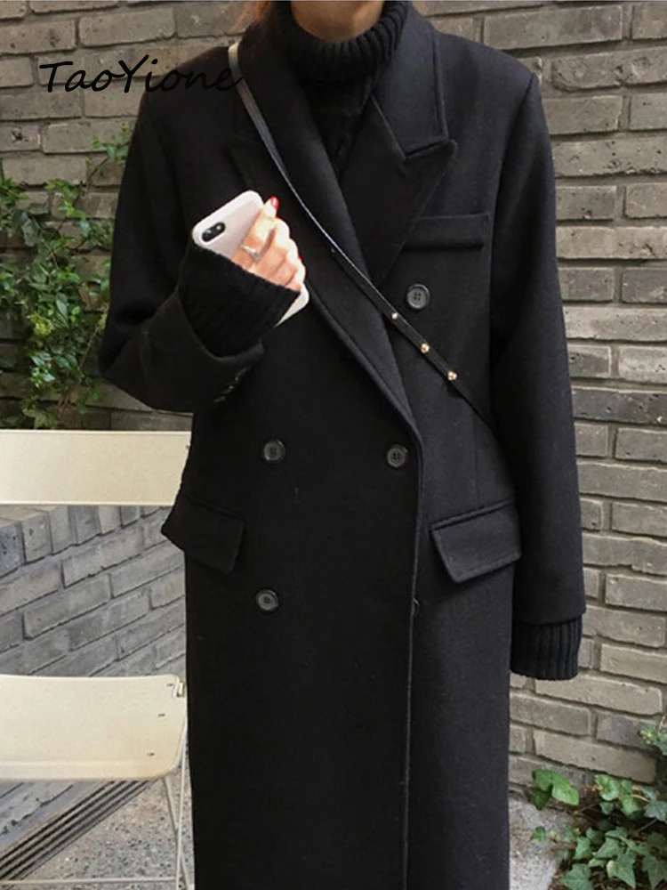 

2024 Korean Winter Chic Woolen Coat For Women High Quality Faux Blend Wool Jacket Thick Warm Double-breasted Black Long Outwear