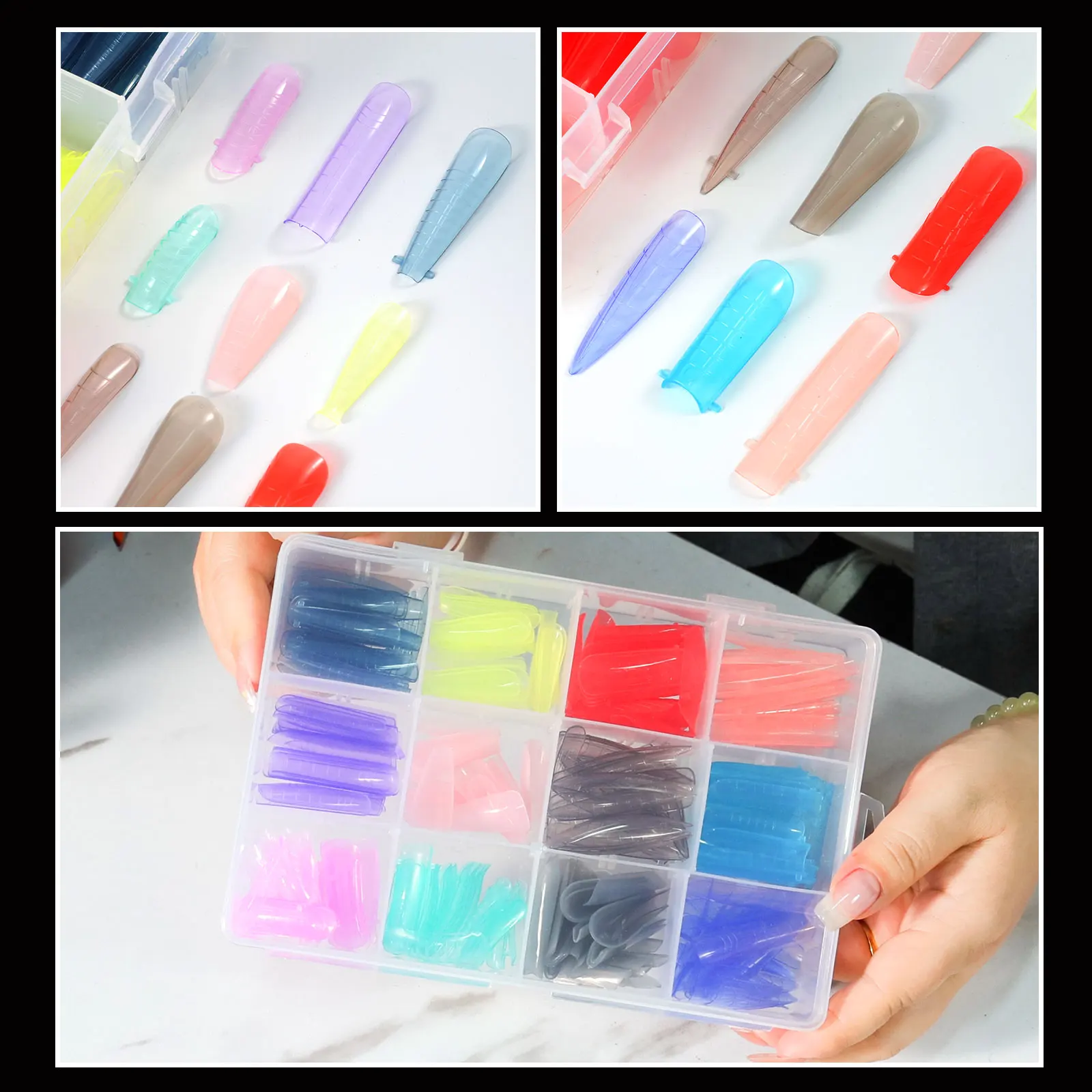 288PCS 고탄력 네일 몰드 12 색 유형 네일 아트 마스크 컬러 투명 크리스탈 확장 젤 DIY 네일 몰드