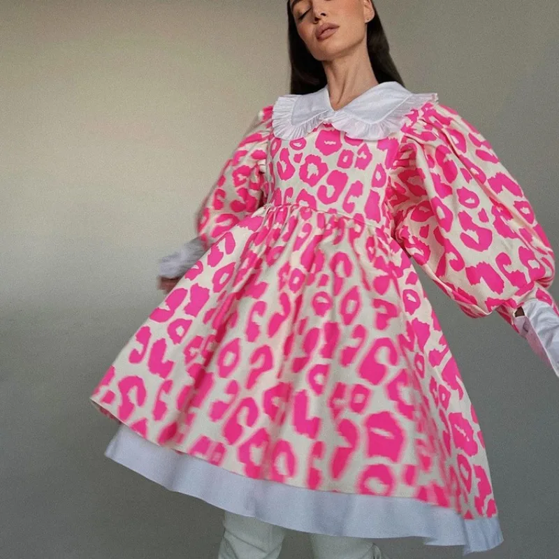 

Fashion Long Sleeved Printed A-line Dress with Doll Neck Women's Sweet High Waisted Fluffy Skirt Female Party Clubwear Vestidos