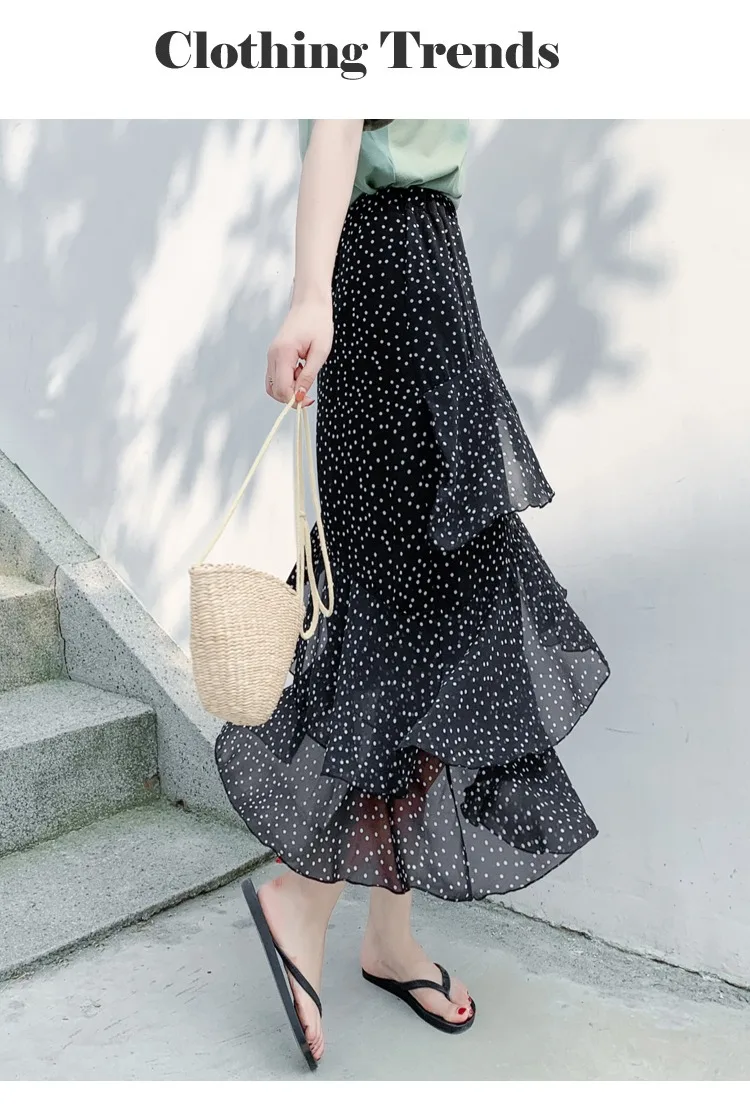 Summer Skirts Womens 2022 New Polka Dots Floral Print Chiffon Pleated Skirt Irregular Cake Skirt Casual Midi Skirt Women Clothes hoop skirt