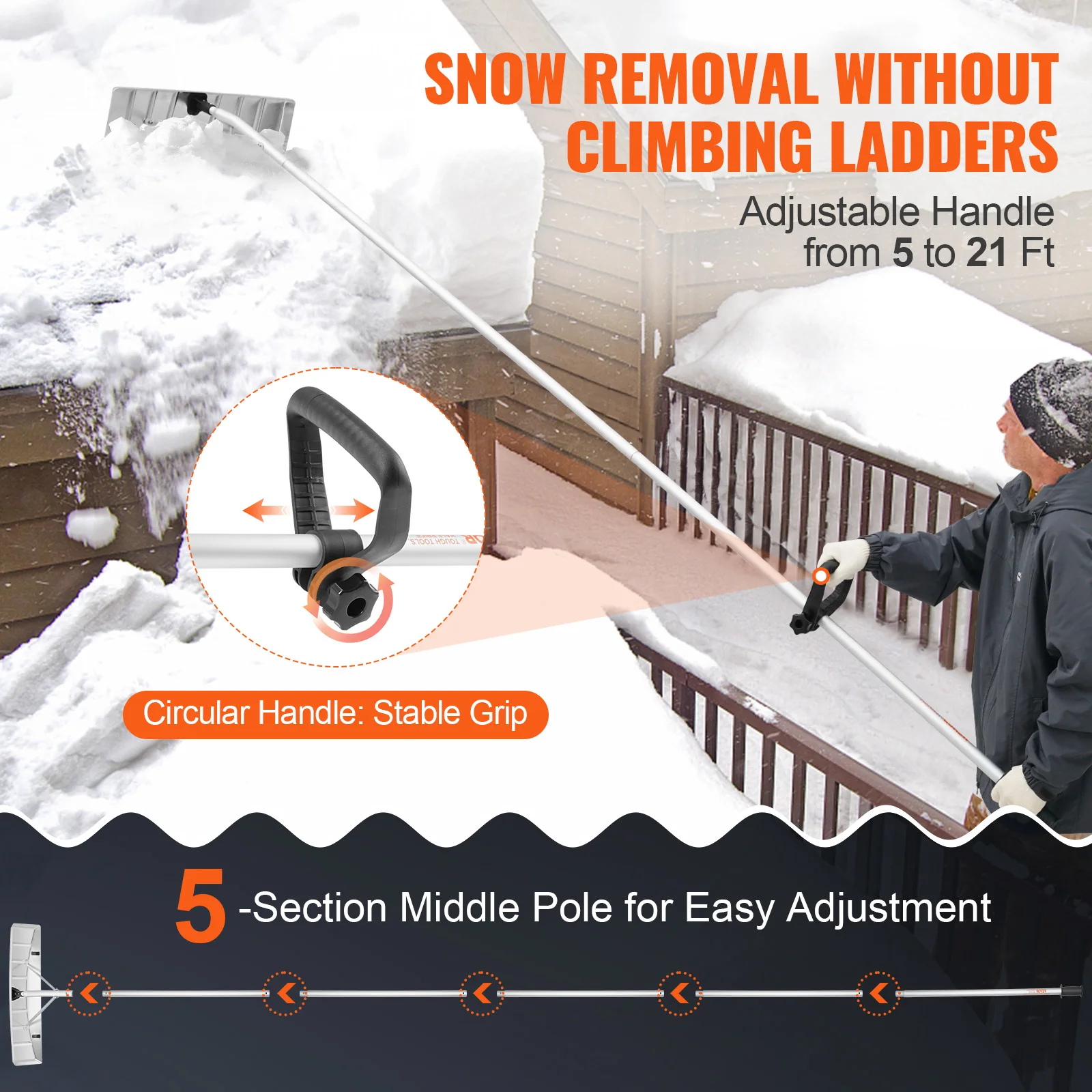 VEVOR Snow Roof Rake 25" Blade Snow Removal Tool 21ft Aluminium Roof Shovel W/anti-Slip Handle for House Roof Snow &Protection 4
