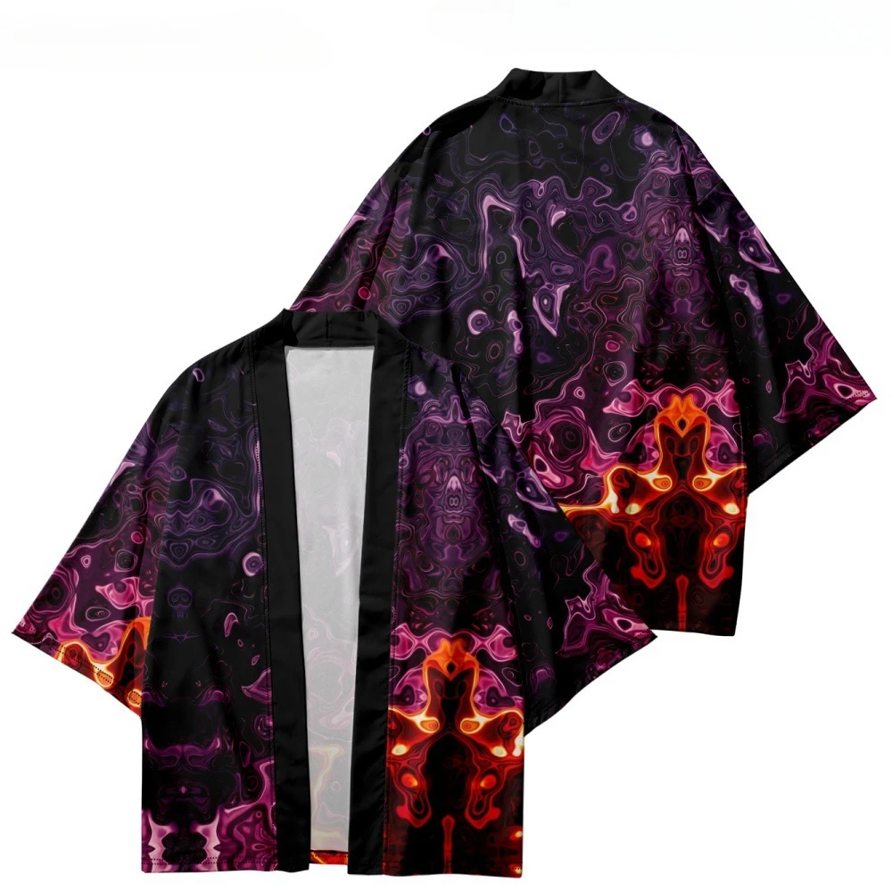 Samurai Beach Cardigans Loose Kimonos Cosplay Tops for Men and Women Capes Blue Flame Print