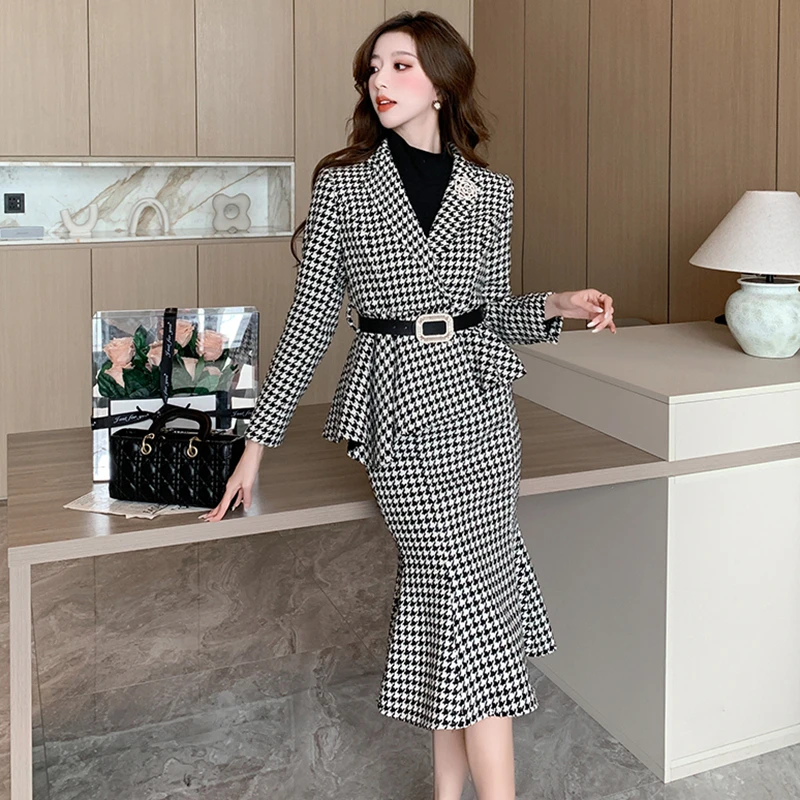 

Houndstooth Tweed Jacket + Skirt Suit Women Luxury Black and White Plaid Blazer +Midi Fishtail Skirt Elegant Fall Winter 2 Sets