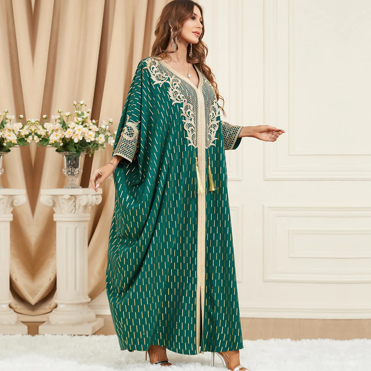 Muslim Abaya for Women Long Dresses Dubai V Collar Pendant Bat Sleeves Turkey African Caftan Vest