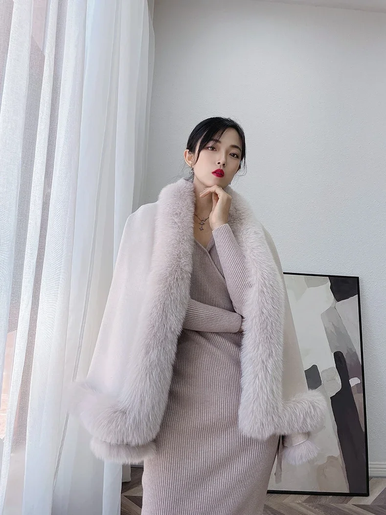 Autumn Winter Mid-length Coat Women's Clothes Solid Wool Double-sided Wool Tweed Fox Fur Collar Fur Cape Shawl Cloak Type Jacket