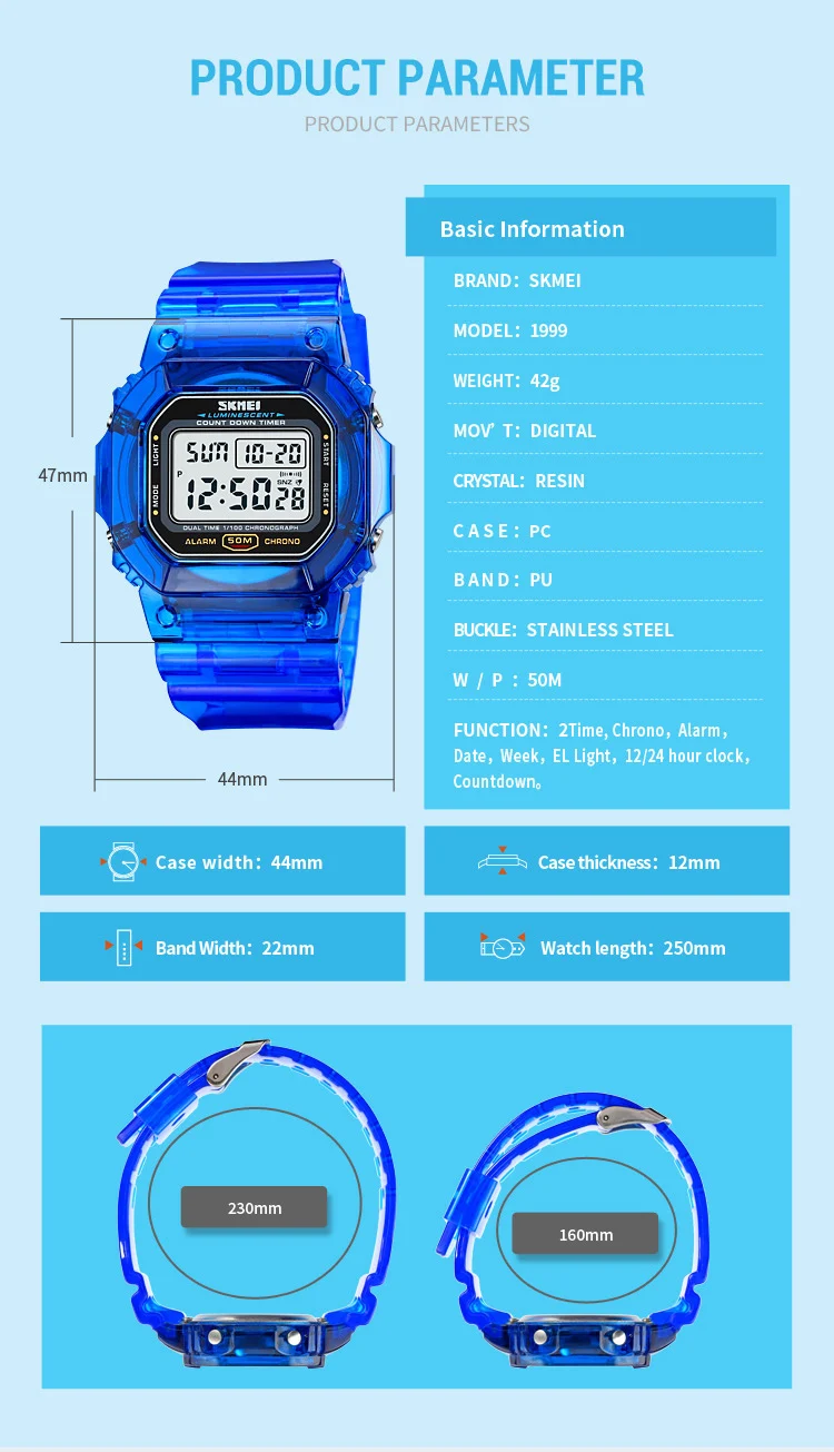 SKMEI 1999 Waterdicht Elektron Horloge Heren Dames Sport Countdown Stopwatch Digitale Horloges Heren Meisjes Klok Reloj Mujer 1622 1629_voghion.com