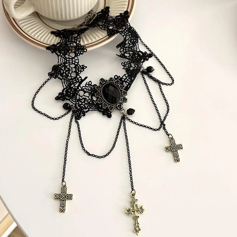 Gothic Feather Fringe Choker Necklace - Multi-Style Lace Collar with Bohemian Elegance, Y2K Statement Piece for Women