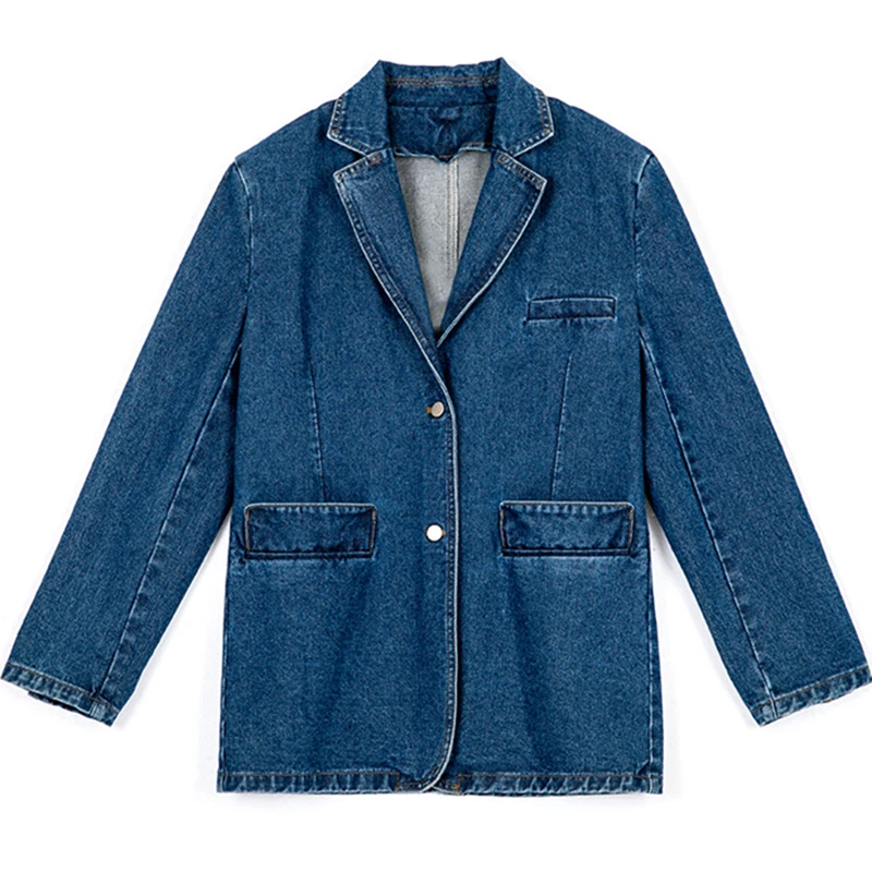 Blue cotton denim fashion suit 2022 spring new one size long sleeve temperament commuter jacket top women's clothing   Button