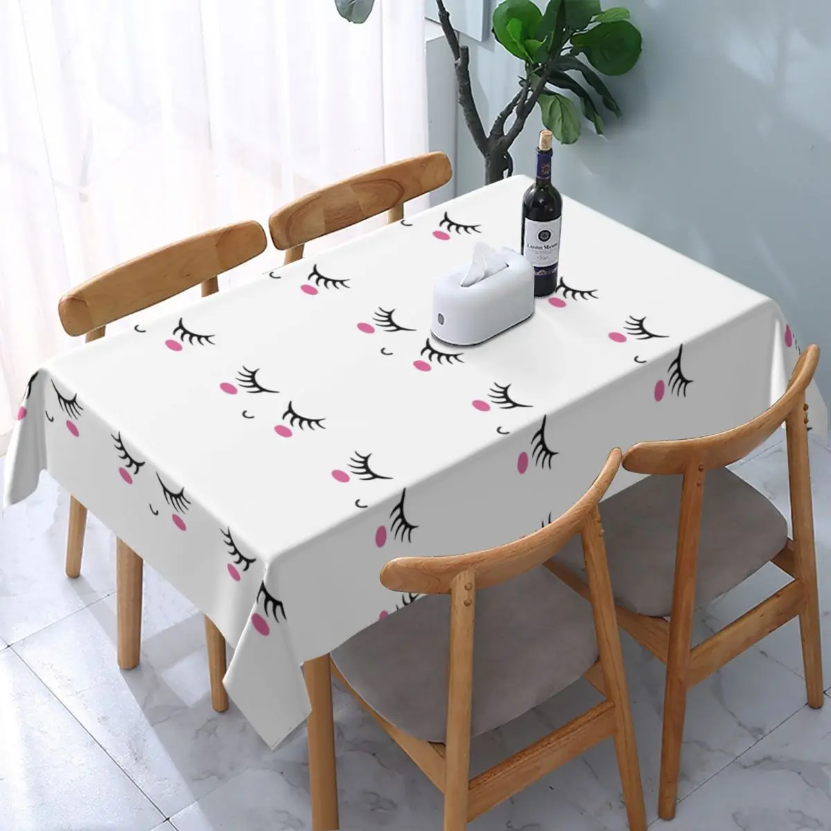 

Rectangular Fitted Cute Eyelash Table Cloth Oilproof Tablecloth Outdoor 45"-50" Table Cover Backed with Elastic Edge