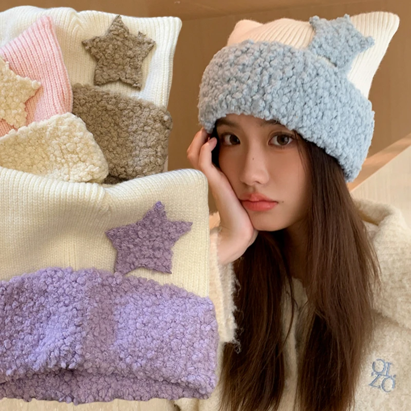 

Y2K Japanese Beanie Hat for Women Five-pointed Star Knitted Wool Cap Autumn and Winter Cute Cat Ears Warmer Bonnet Casual Cap