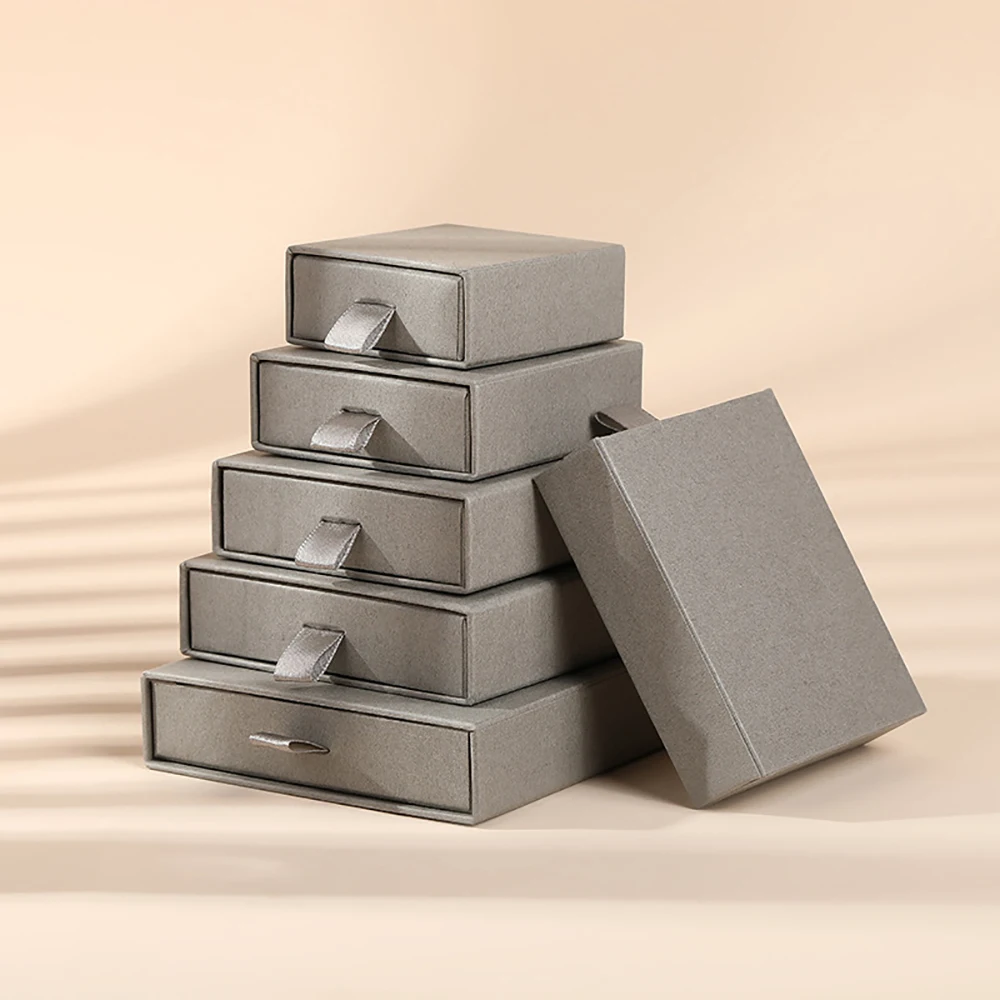 7x7x2.5cm Grey Beige Cardboard Paper Gift Packing Sliding Luxury Jewelry Drawer Earring Rings Packaging Box With Ribbon Sponge