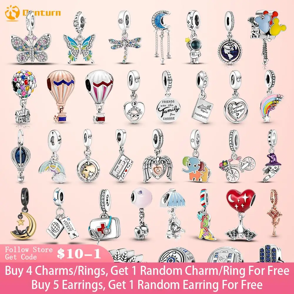 Danturn 925 Sterling Silver Cat Hot Air Balloon Spinning Globe Rainbow Devil Eye Butterfly Charms fit Original Pandora Bracelets