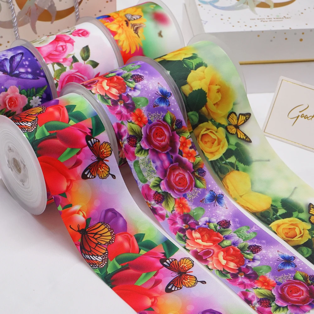 Diyのための花蝶プリントグログランリボンクラフト用品縫製